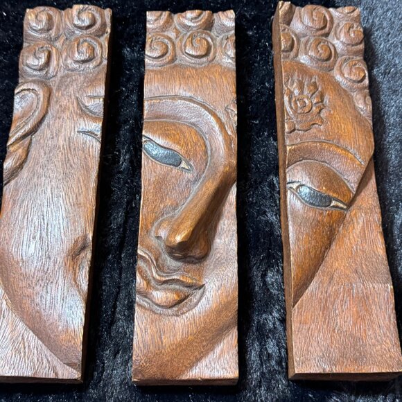 Vintage Hand-Carved Wood Transending Wisdom Buddha Face Wall Art 3-Piece Panel - Picture 6 of 7